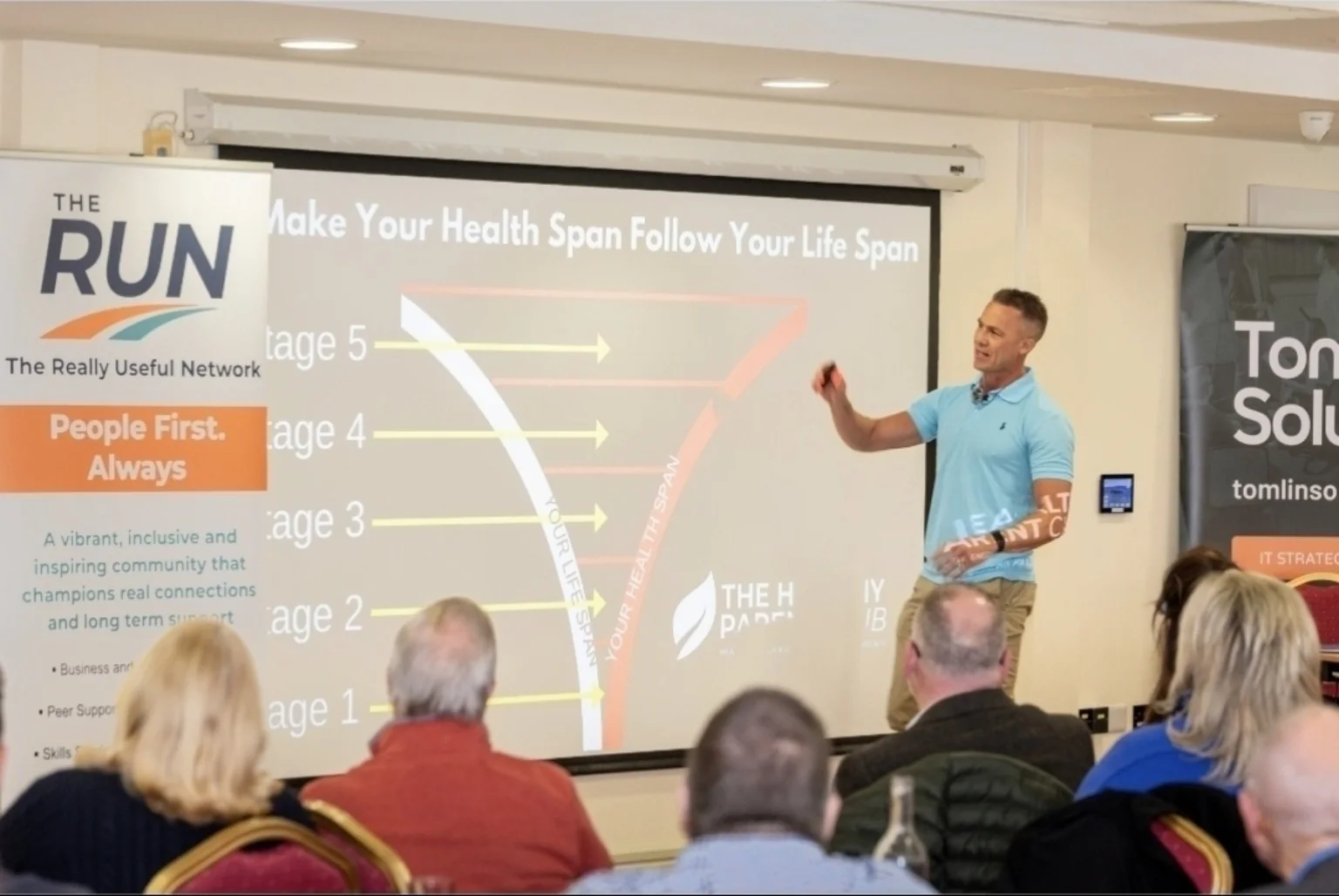 Martyn Kelland speaking at a RUN networking event about health and longevity
